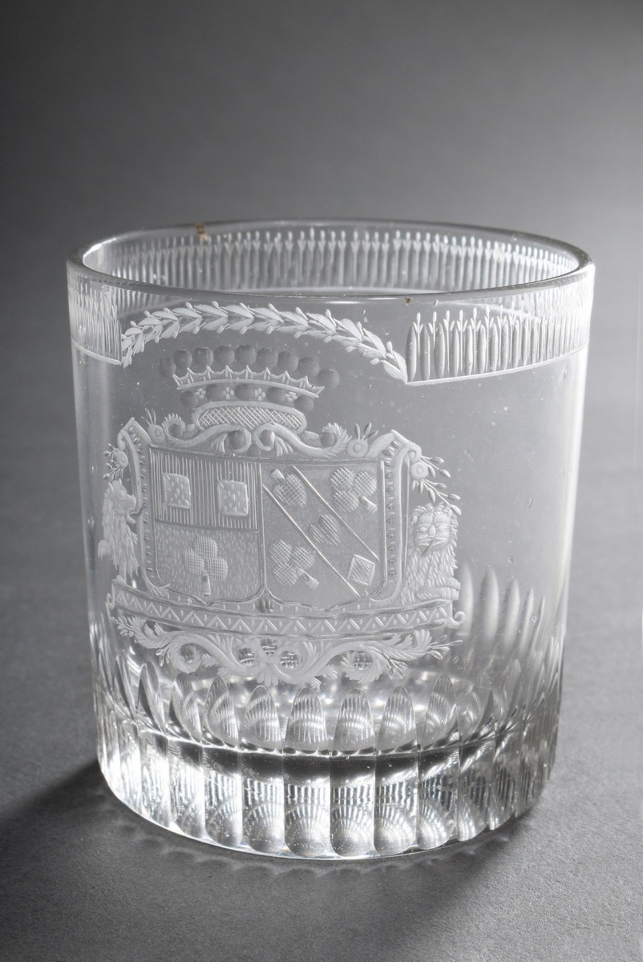 Small beaker with finely cut alliance coat of arms with playing card symbolism under count's crown,