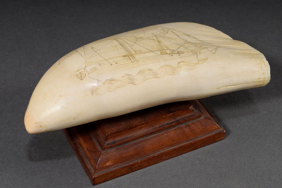 Scrimshaw "2-Mast ship" mounted on wooden base, whale tooth with blackened incised decoration "ship