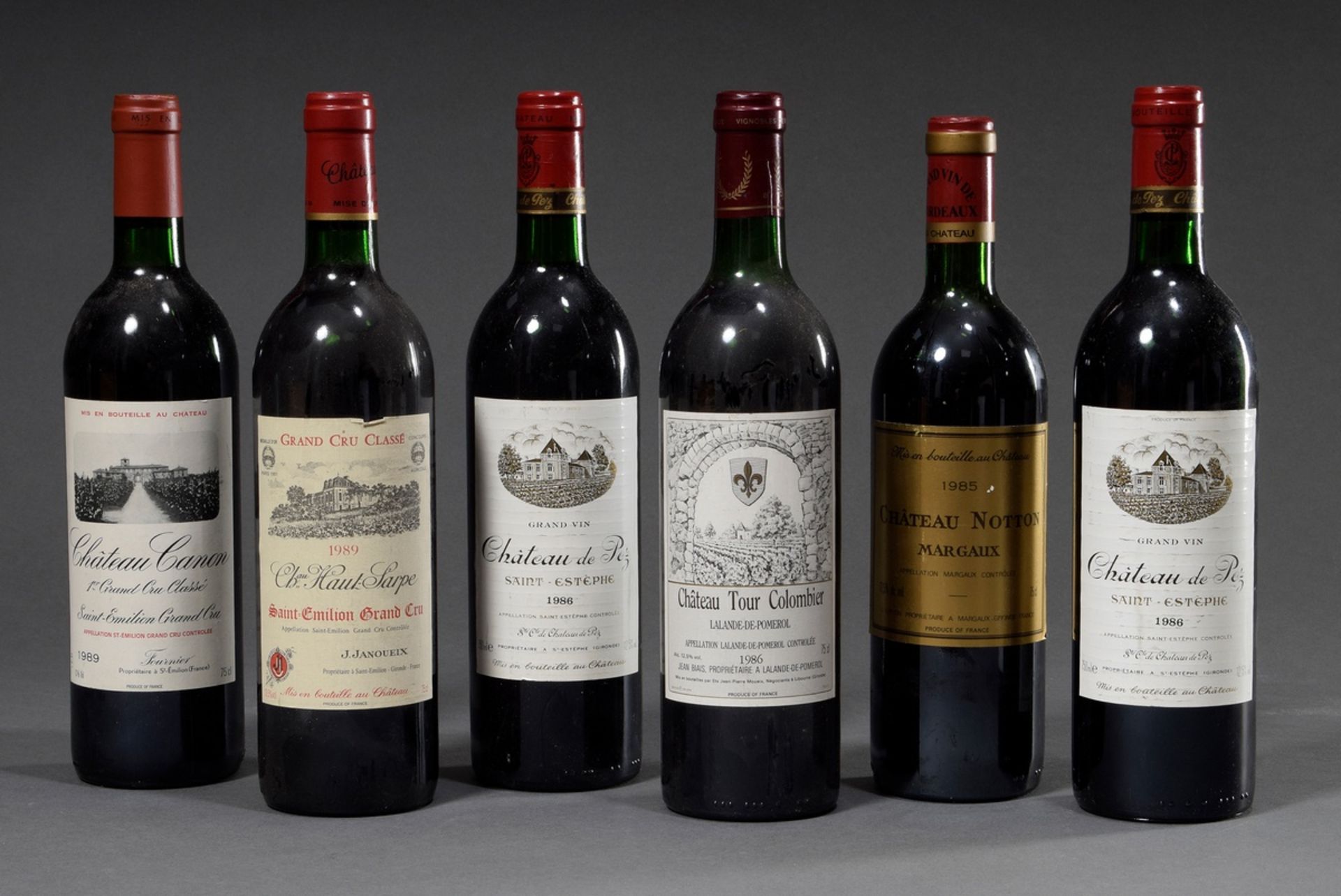 6 Bottles of various red wines Bordeaux: 1x 1989 Chateau Canon, Saint-Emilion, 1x 1985  Chateau Not