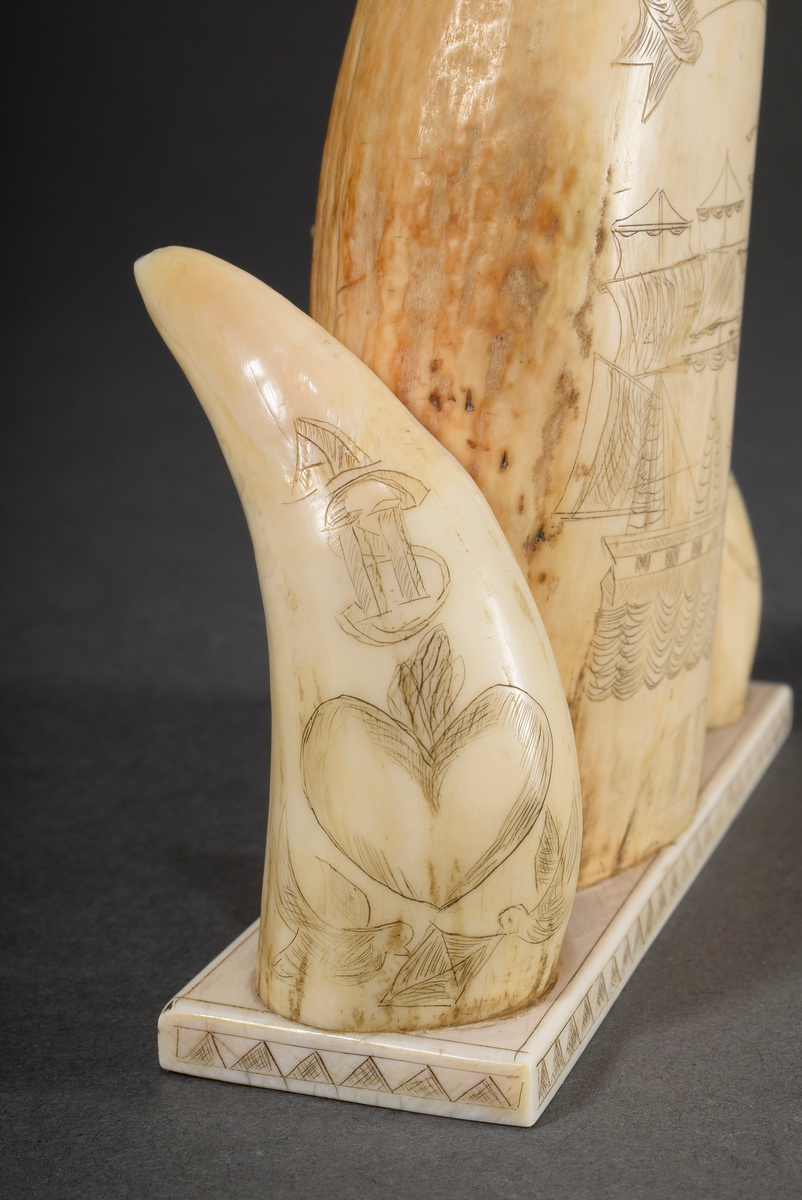 3 Scrimshaws "Hero 1805" mounted on whale tooth plate, whale teeth with blackened incised decoratio - Image 5 of 6