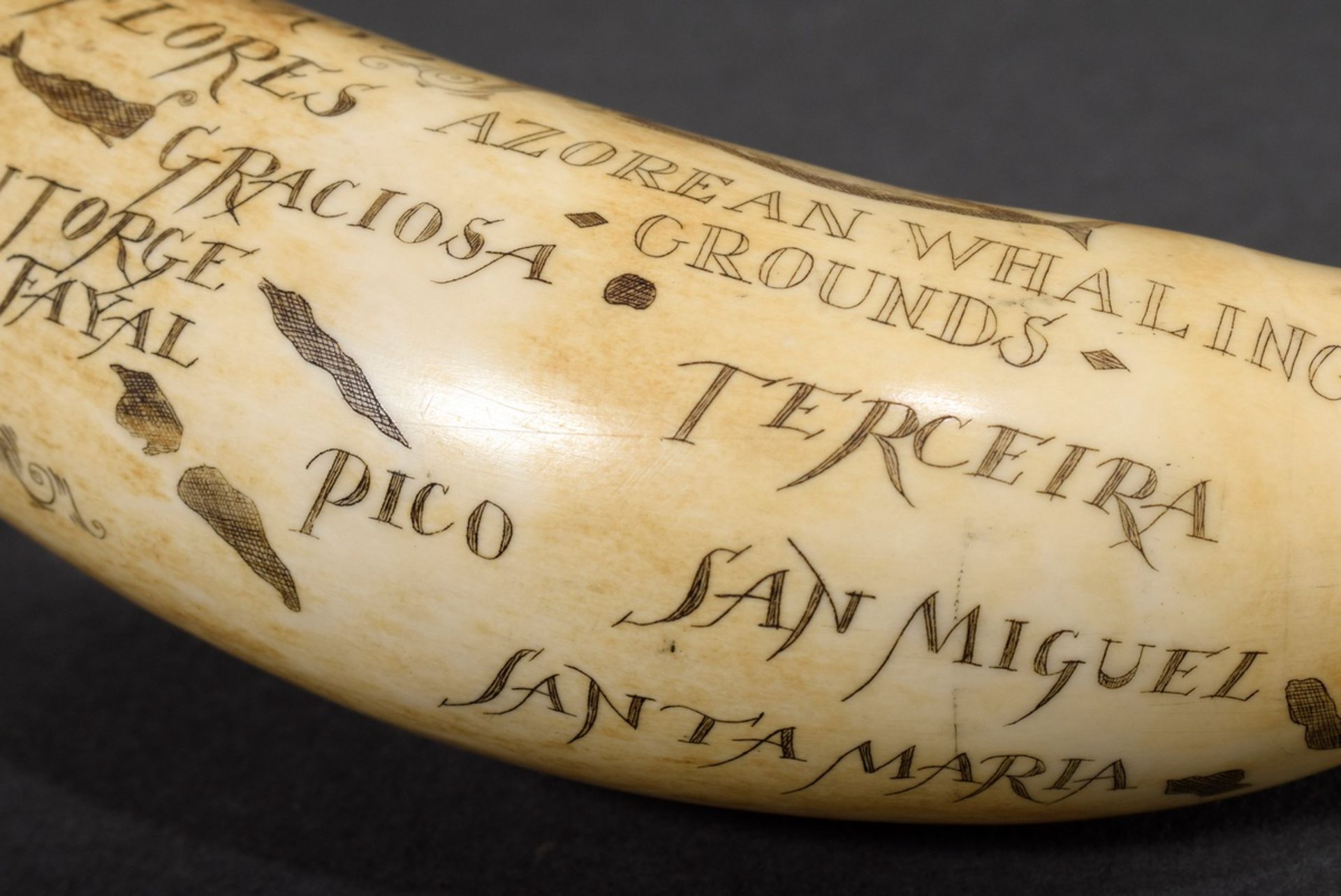 Scrimshaw „Hawk Salem/ Azorean Whaling Grounds“, Walzahn mit geschwärztem Ritzdekor „Azoreninseln u - Bild 5 aus 5