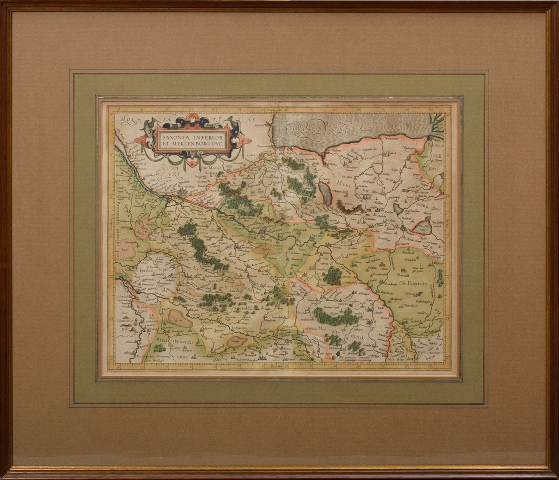 Mercator, Gerhard (1512-1594) "Saxonia Inferior et Meklenborg Duc", colorierter Kupferstich, 35x45, - Bild 2 aus 3