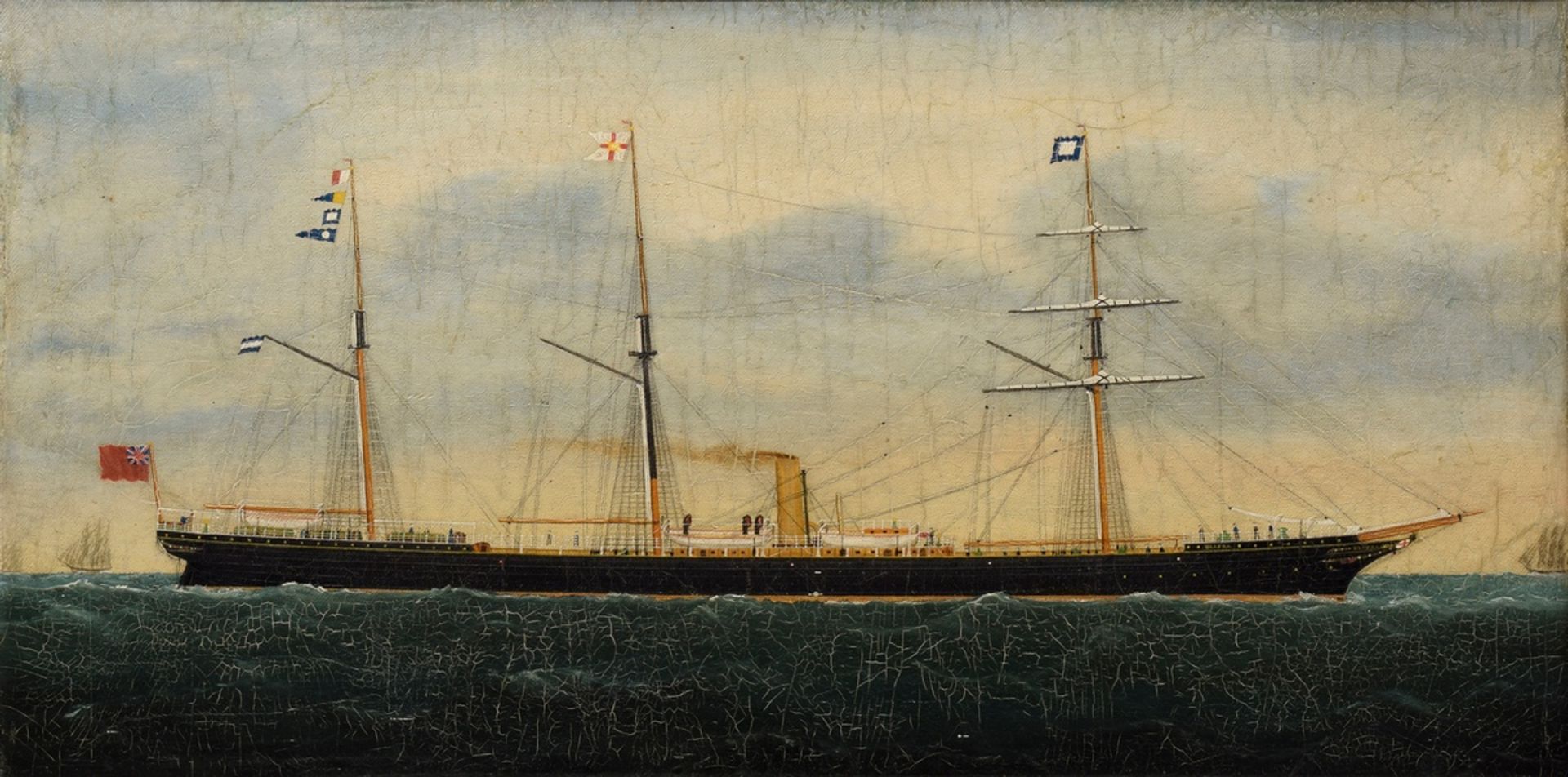 Britisches Kapitänsbild "Dreimastsegler Biafra" um 1900, Öl/Leinwand auf Hartfaserplatte montiert, 