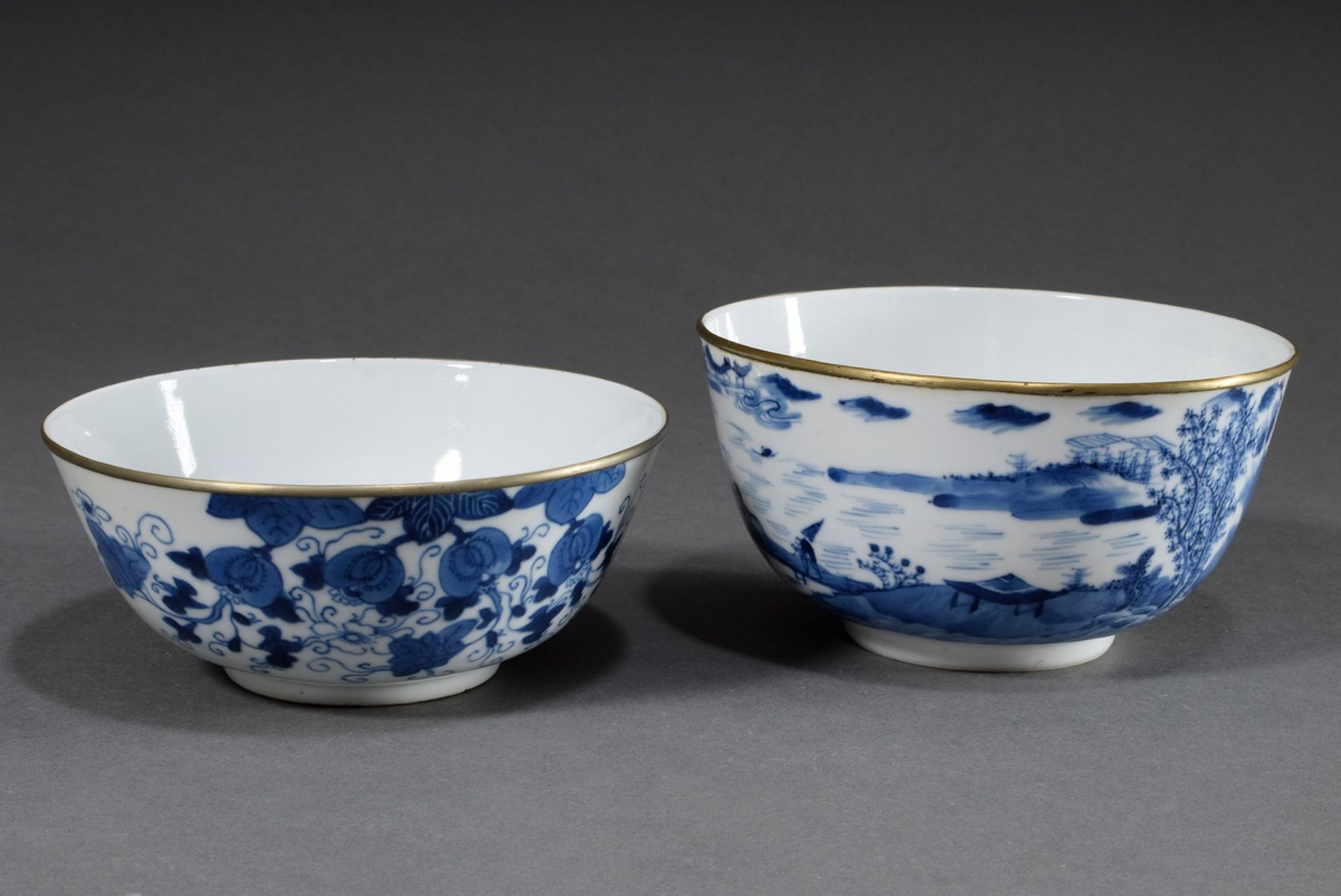 2 Various Bleu-de-Hue bowls with blue painting decorations and metal rims "Rider in landscape" (h. 