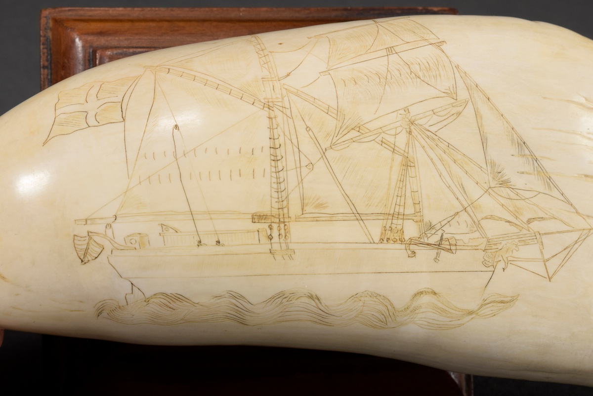 Scrimshaw "2-Mast ship" mounted on wooden base, whale tooth with blackened incised decoration "ship - Image 4 of 4