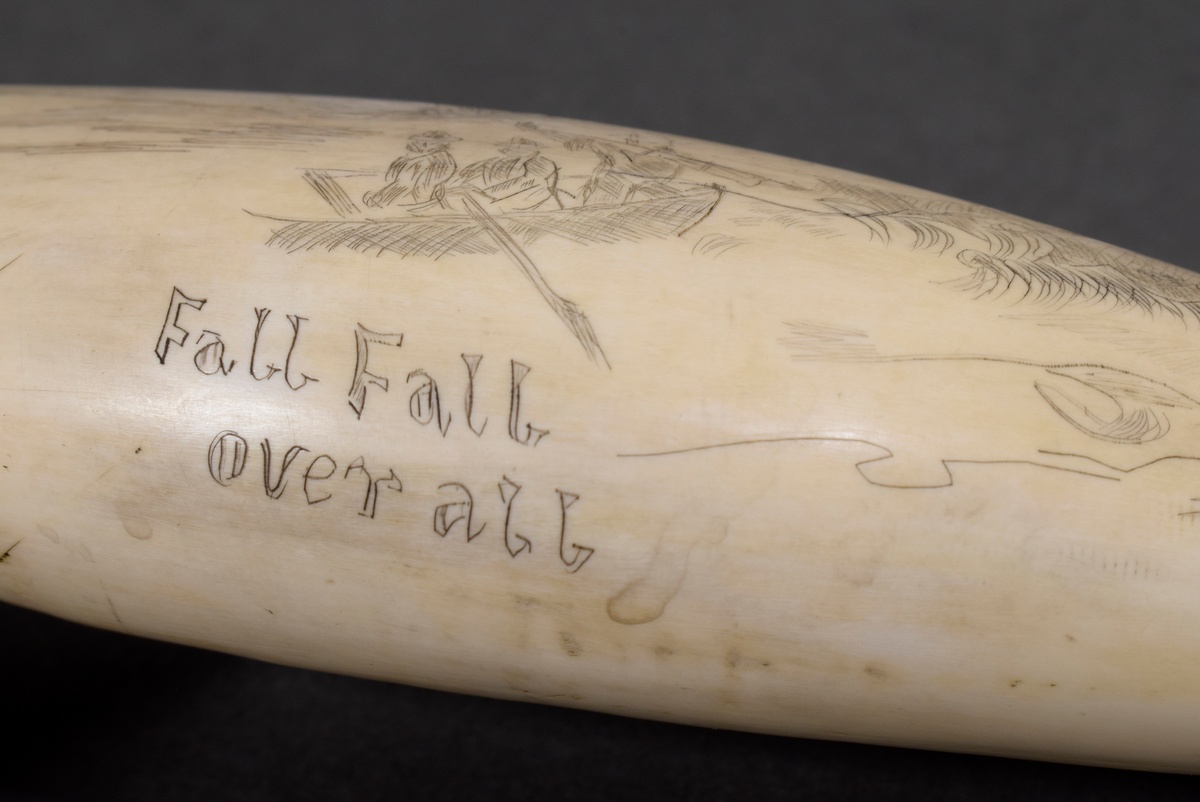 Scrimshaw "Fall Fall over all", whale tooth with blackened incised decoration "Sperm whale hunt", 1 - Image 6 of 7