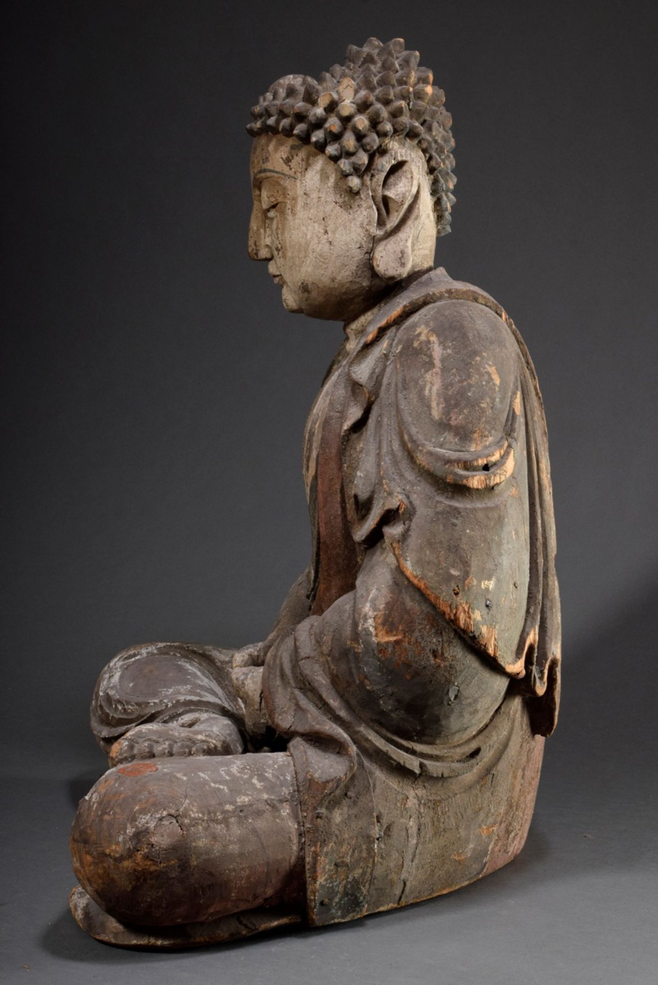 Large Amithaba Medicine Buddha, paulownia wood with remains of old paint, Ming dynasty, old seal re - Image 5 of 14
