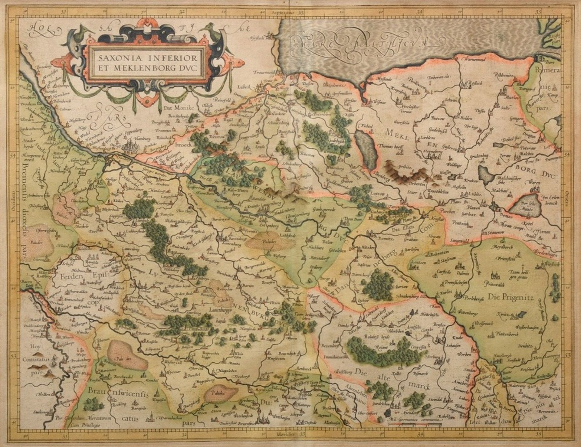 Mercator, Gerhard (1512-1594) "Saxonia Inferior et Meklenborg Duc", colorierter Kupferstich, 35x45,