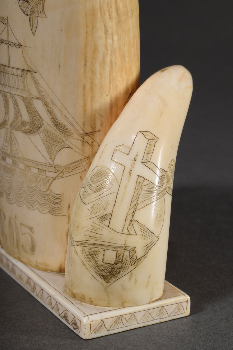 3 Scrimshaws "Hero 1805" mounted on whale tooth plate, whale teeth with blackened incised decoratio - Image 3 of 6