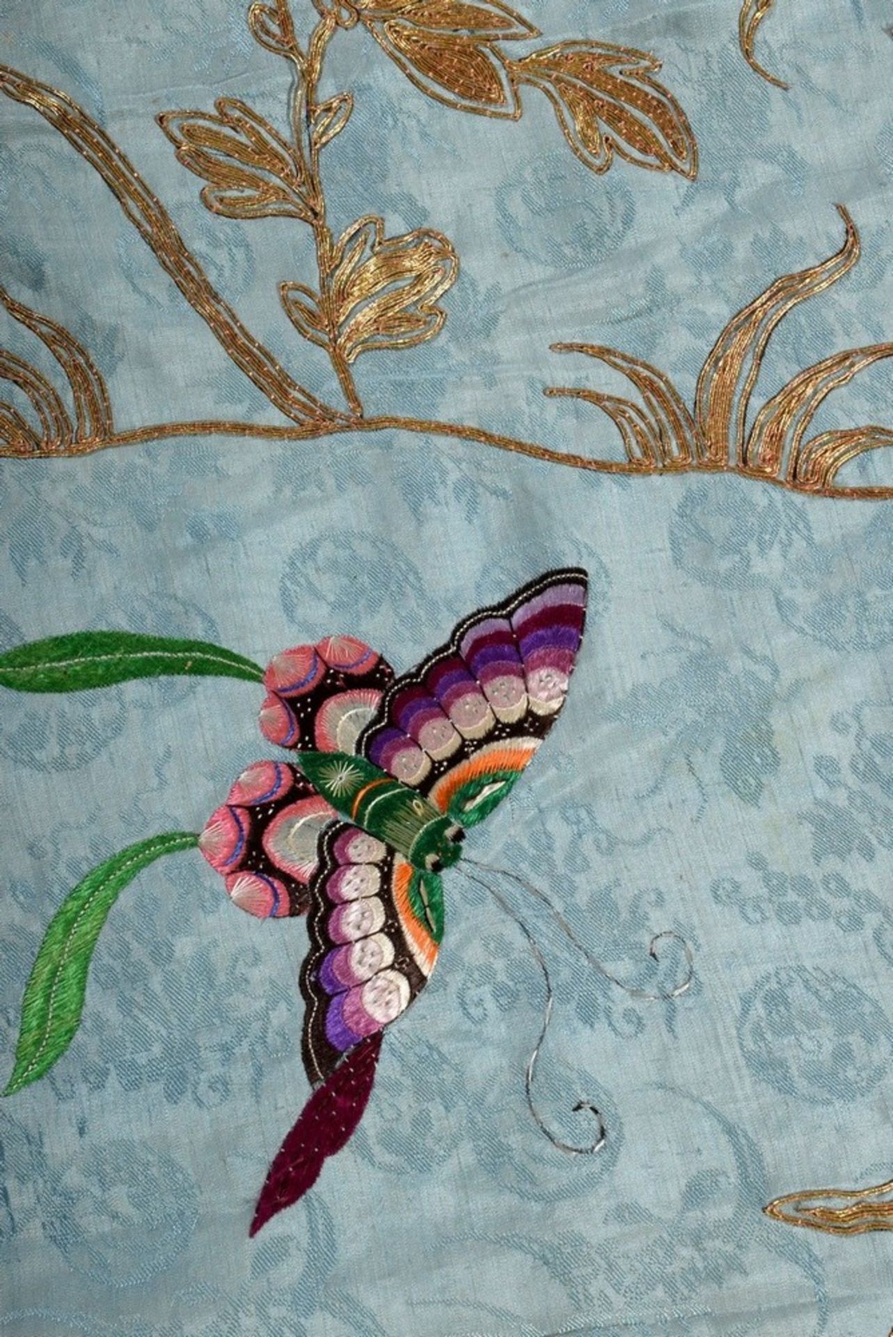 Chinese wall hanging of light blue silk brocade with fine gold thread and coloured silk flat embroi - Image 3 of 3