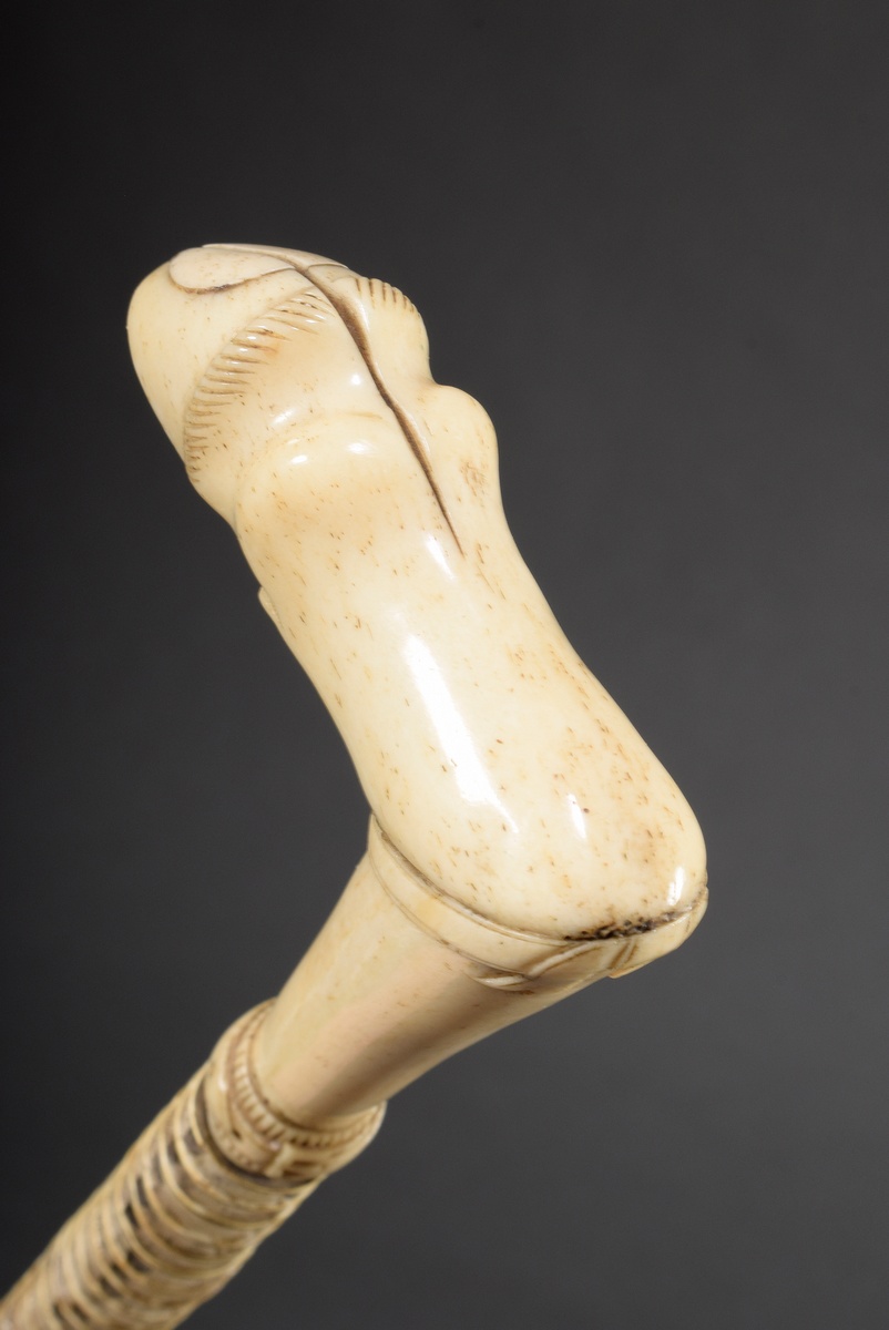 Walking stick with carved bone handle "hoof with bow and belt" and weft made of shark's spine with  - Image 5 of 6