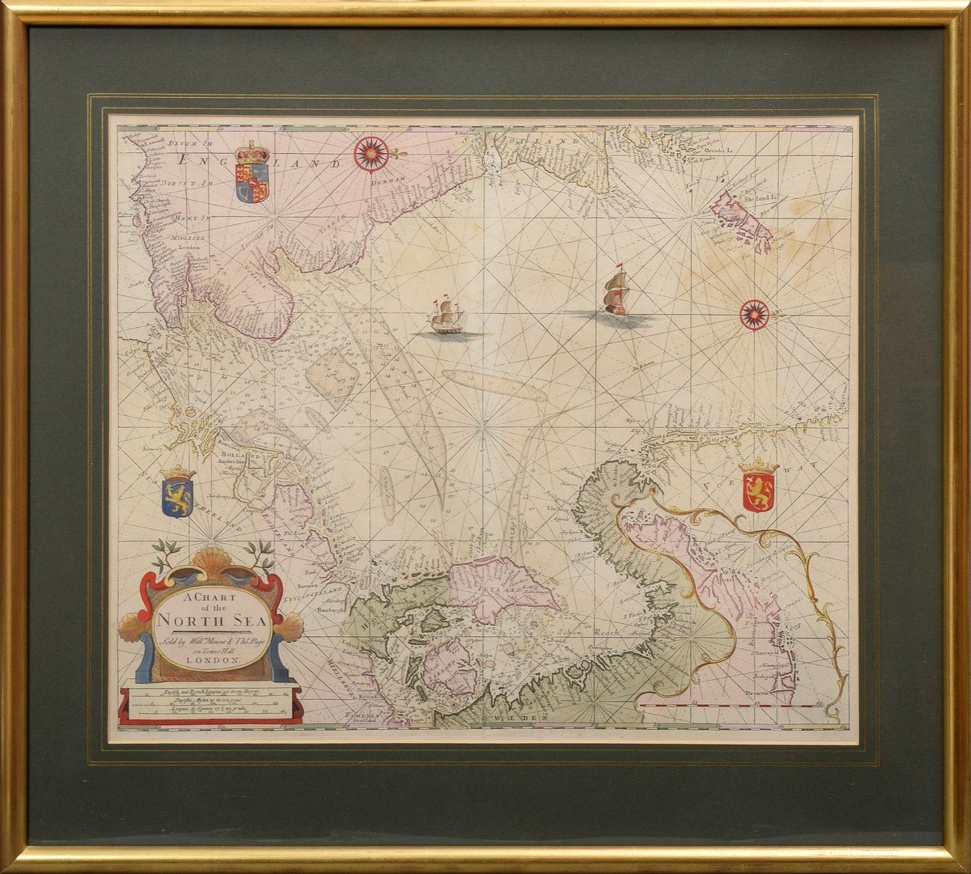 Unbekannter Künstler des 18.Jh. "A Chart of the North Sea", colorierter Kupferstich, Seekarte, publ - Bild 2 aus 3