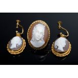 Dreiteiliges Schmuckset mit Muschelkameen: GG 750 Ring mit "Damenportrait", (6,8g, Gr. 49) und Paar