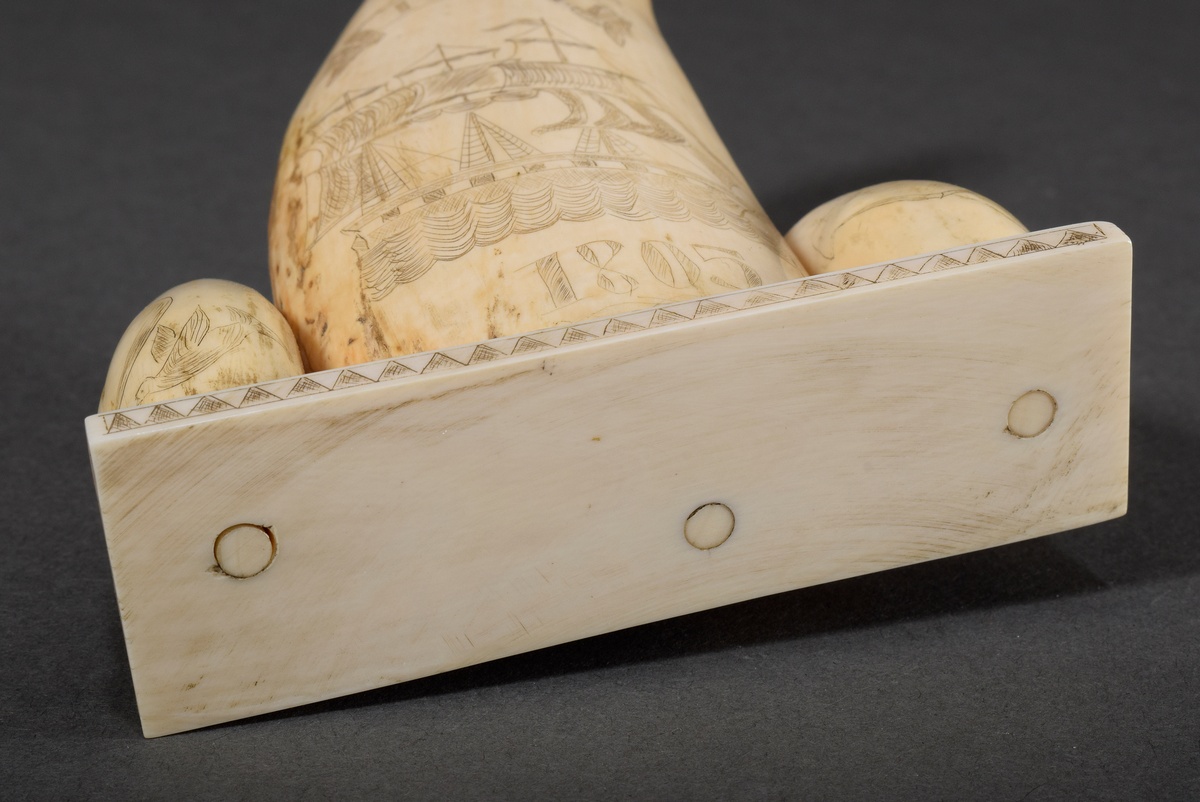 3 Scrimshaws "Hero 1805" mounted on whale tooth plate, whale teeth with blackened incised decoratio - Image 6 of 6