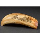 Scrimshaw „Cachalot off Nantucket/ Sounding“, Walzahn mit geschwärztem Ritzdekor „Pottwal und Anker