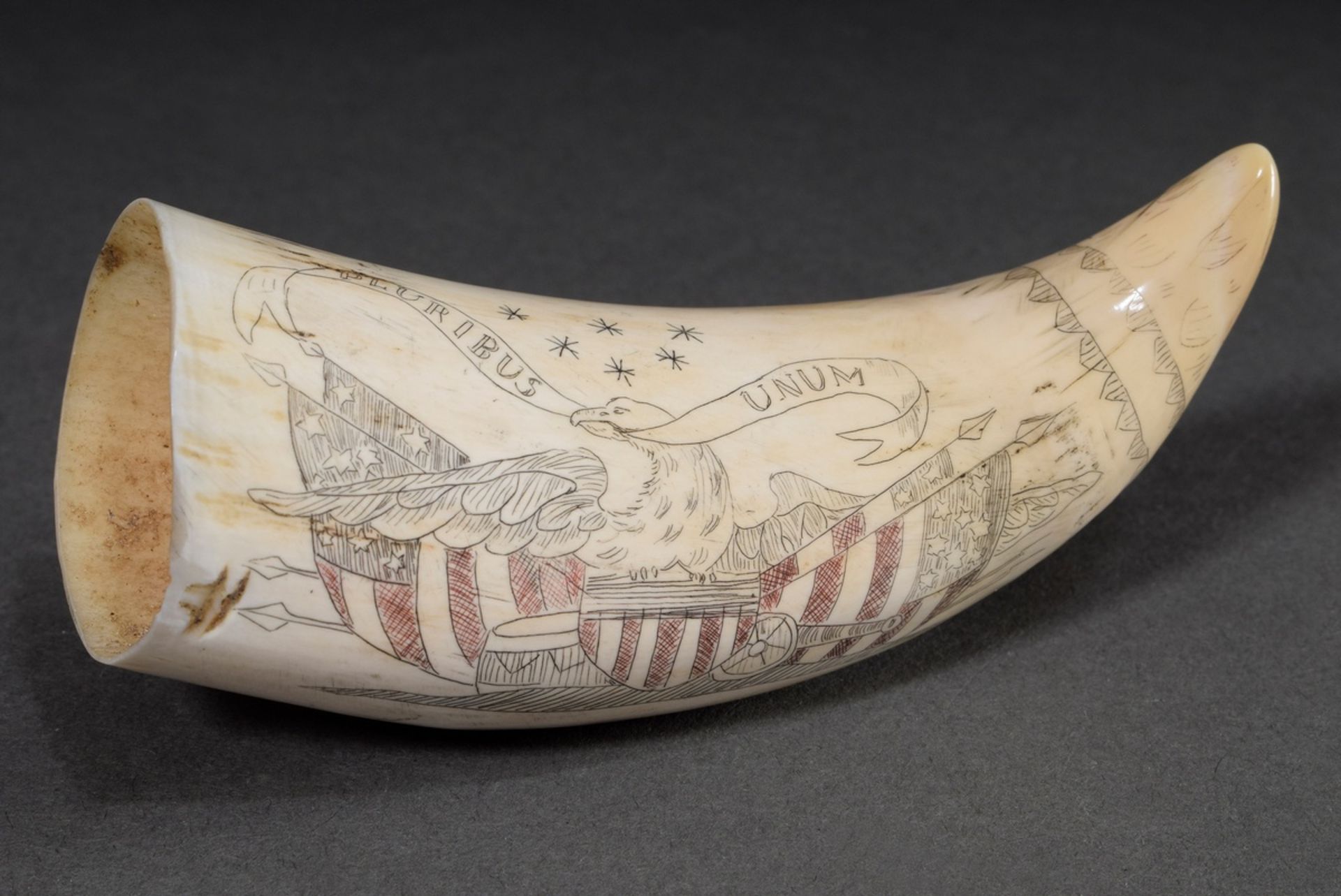 Scrimshaw „E Pluribus Unum“, Walzahn mit geschwärztem und rotgefärbtem Ritzdekor „Adler, Spruchband