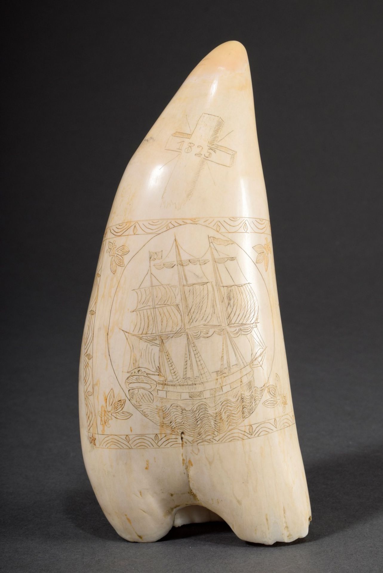 Scrimshaw „3-Master 1825“, Walzahn mit gefärbtem Ritzdekor „3-Master im Schmuckrahmen und Kreuz mit