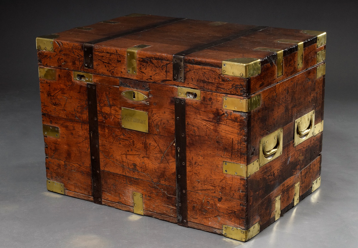 Old sea chest with brass strokes and fine patina, 19th c., front marked R.C.T. Bright, 55x81x56cm, 