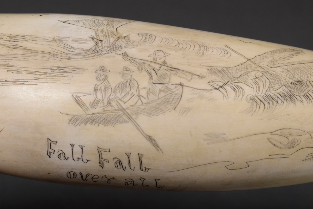 Scrimshaw "Fall Fall over all", whale tooth with blackened incised decoration "Sperm whale hunt", 1 - Image 5 of 7