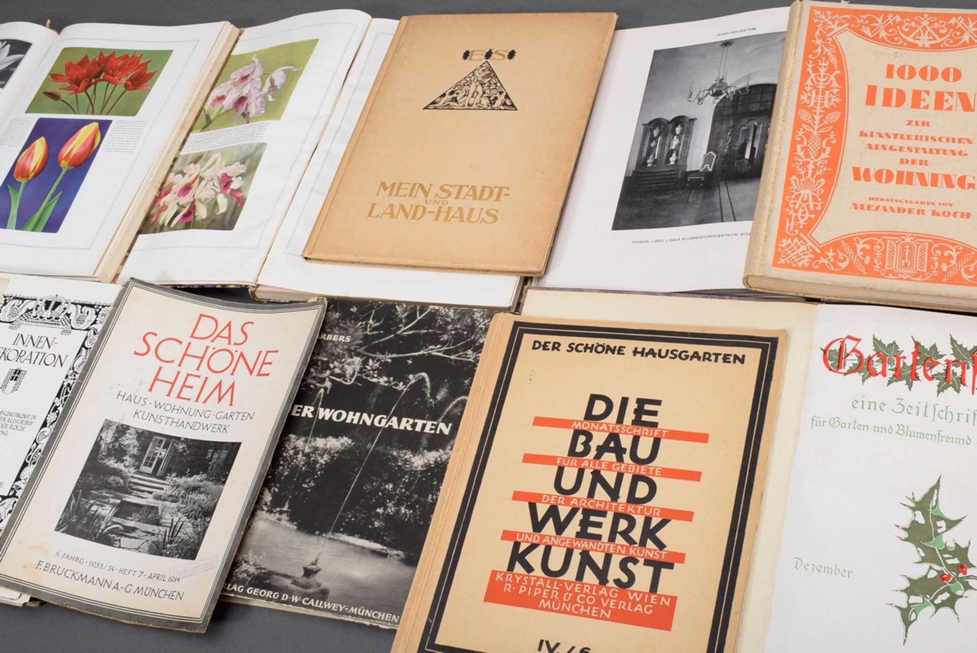 12 Various books on interior and garden design of the 1910-30s, 4x "Gartenschönheit", "Mein Stadt u