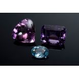 3 Diverse ungefasste Edelsteine: 2 Amethyste (zus. ca. 43.9ct) und Aquamarin (ca. 3.7ct)