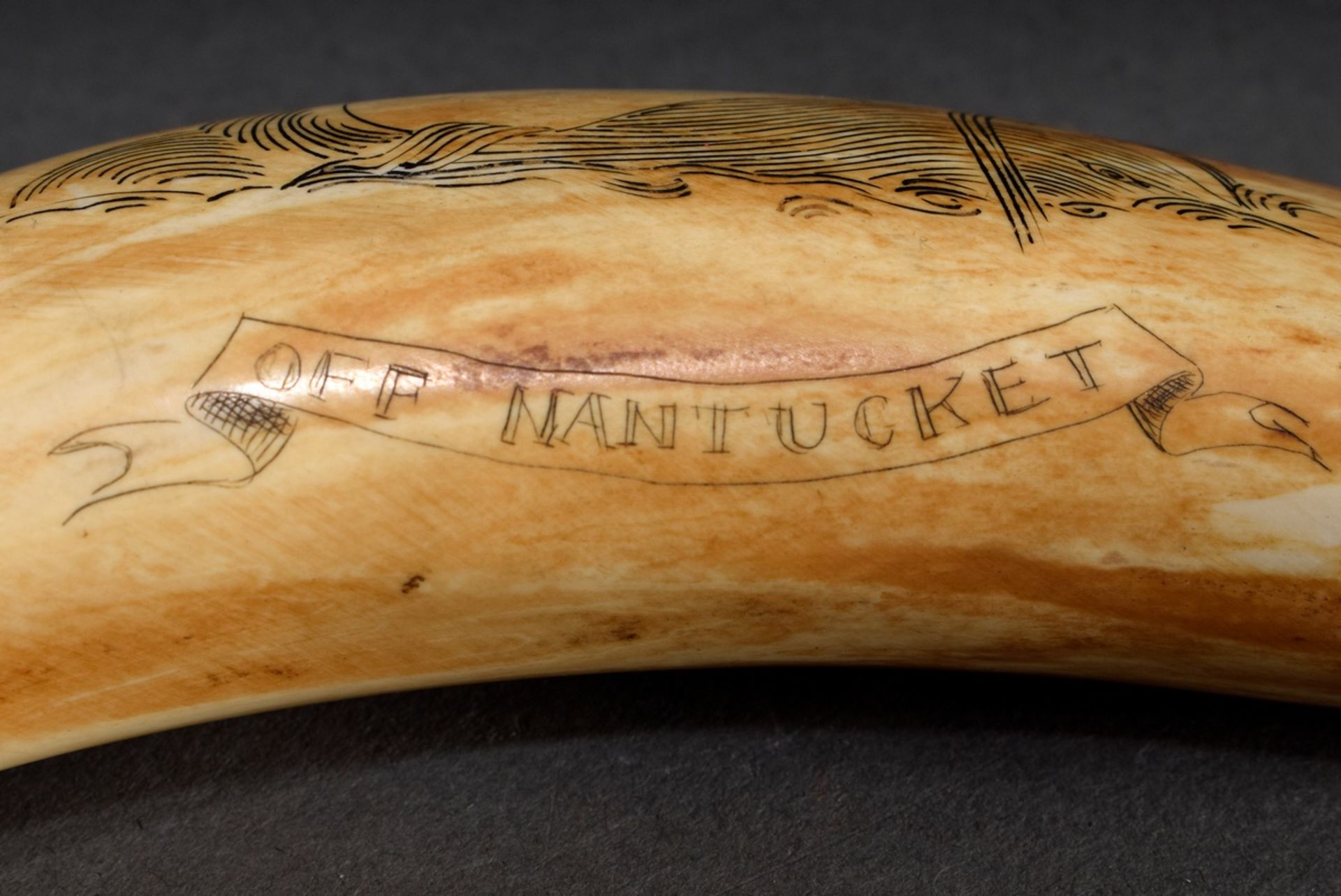 Scrimshaw „Cachalot off Nantucket/ Sounding“, Walzahn mit geschwärztem Ritzdekor „Pottwal und Anker - Bild 4 aus 5