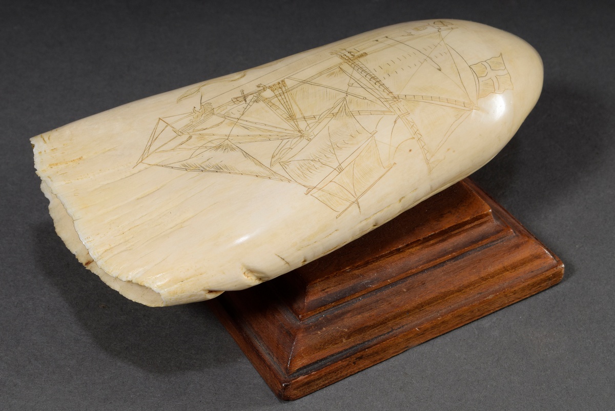 Scrimshaw "2-Mast ship" mounted on wooden base, whale tooth with blackened incised decoration "ship - Image 2 of 4