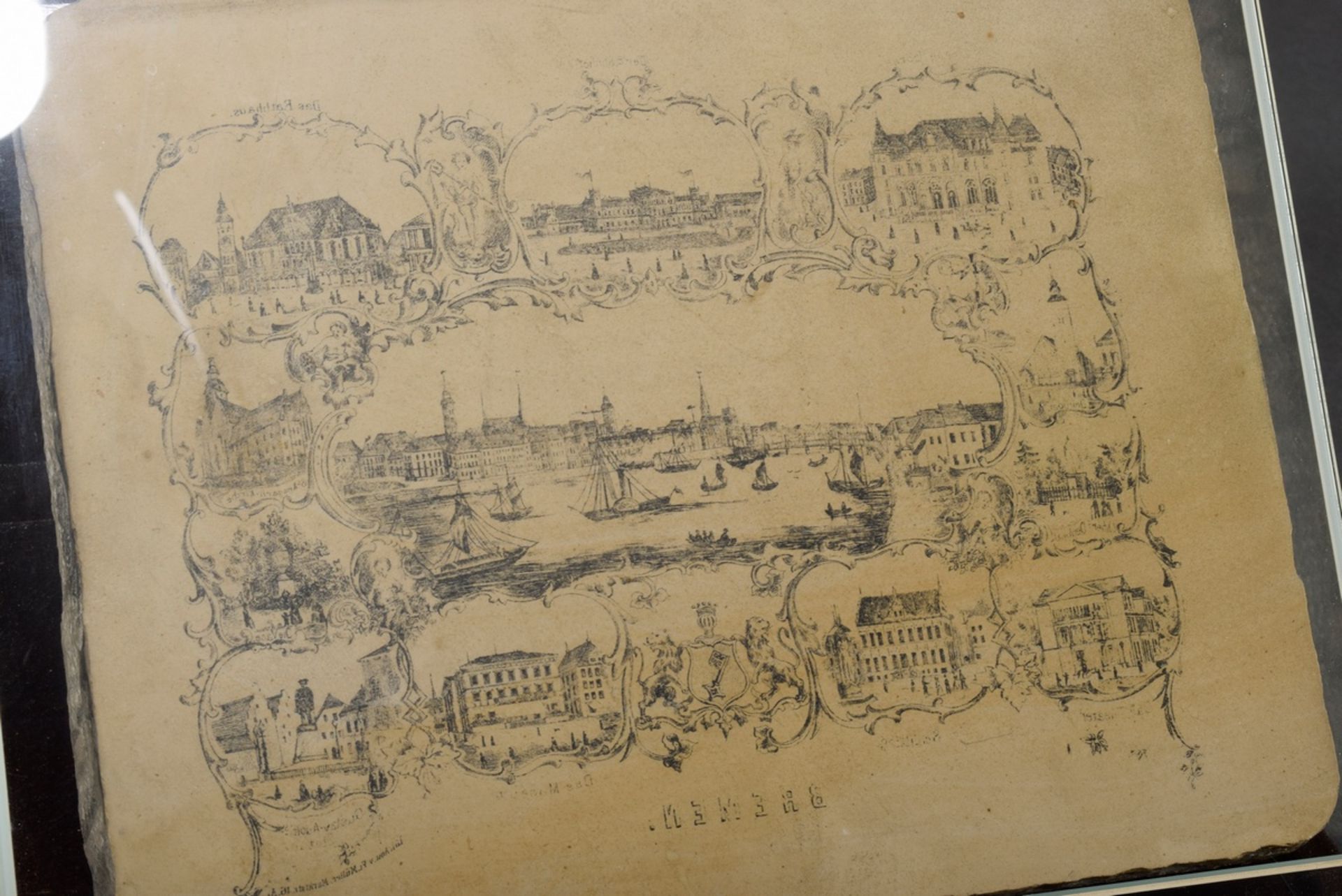 Lithographiestein "Bremen" mit Hafen und Sehenswürdigkeiten, um 1850, Firma Müller/Bremen, in Holz/ - Bild 2 aus 4