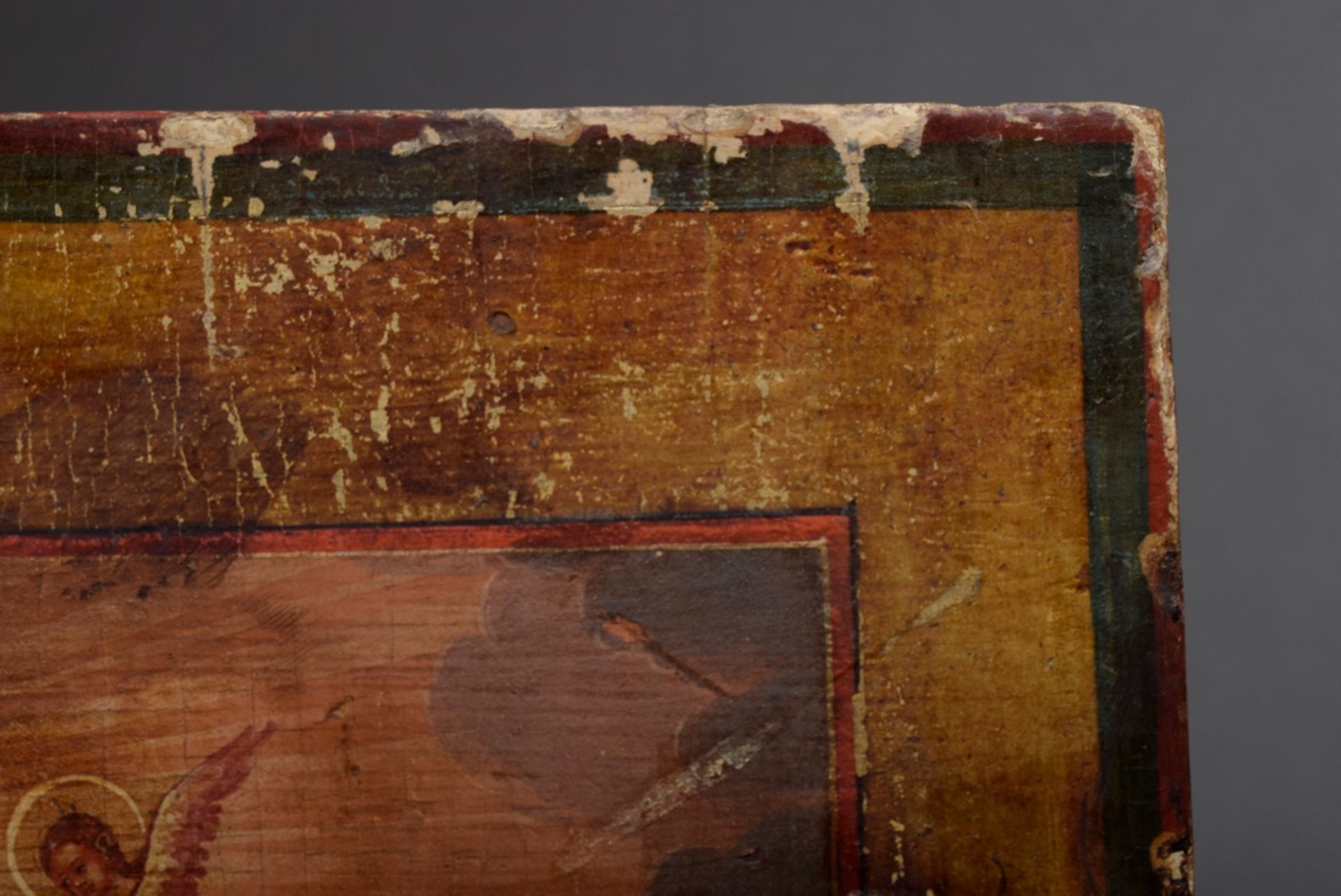 Russische Ikone "Trinität", Eitempera auf Kreidegrund/Holz, 1. Hälfte 19.Jh., 53,2x40,5cm, Defekte  - Bild 4 aus 7
