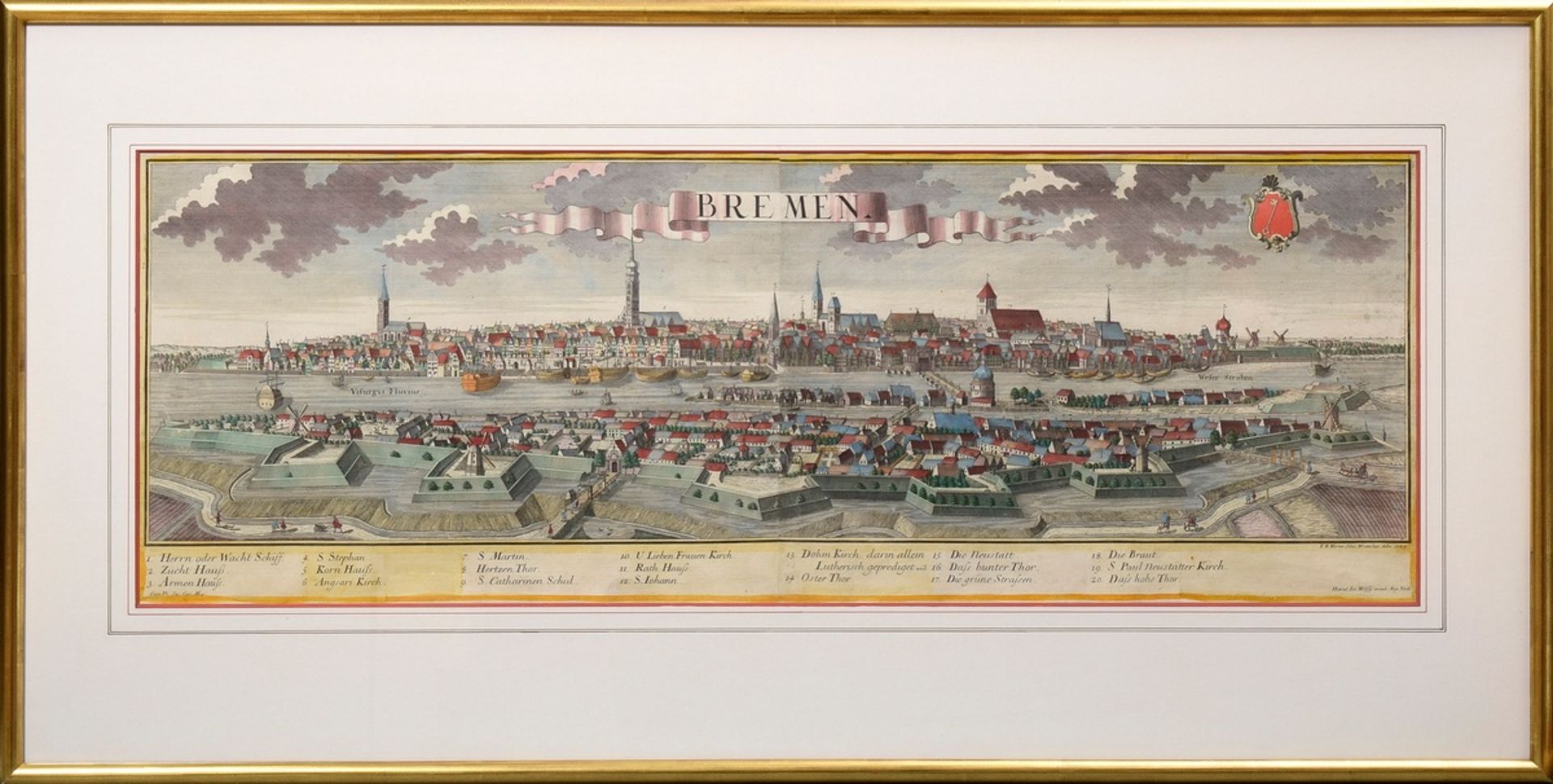 Werner, Friedrich Bernhard (1690-1776) Panorama "Bremen" 1729, colorierter Kupferstich, 35,5x101cm  - Bild 2 aus 3