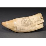 Scrimshaw „Glaube, Liebe, Hoffnung“, Walzahn mit geschwärztem Ritzdekor „Waljagd mit 3-Master und K