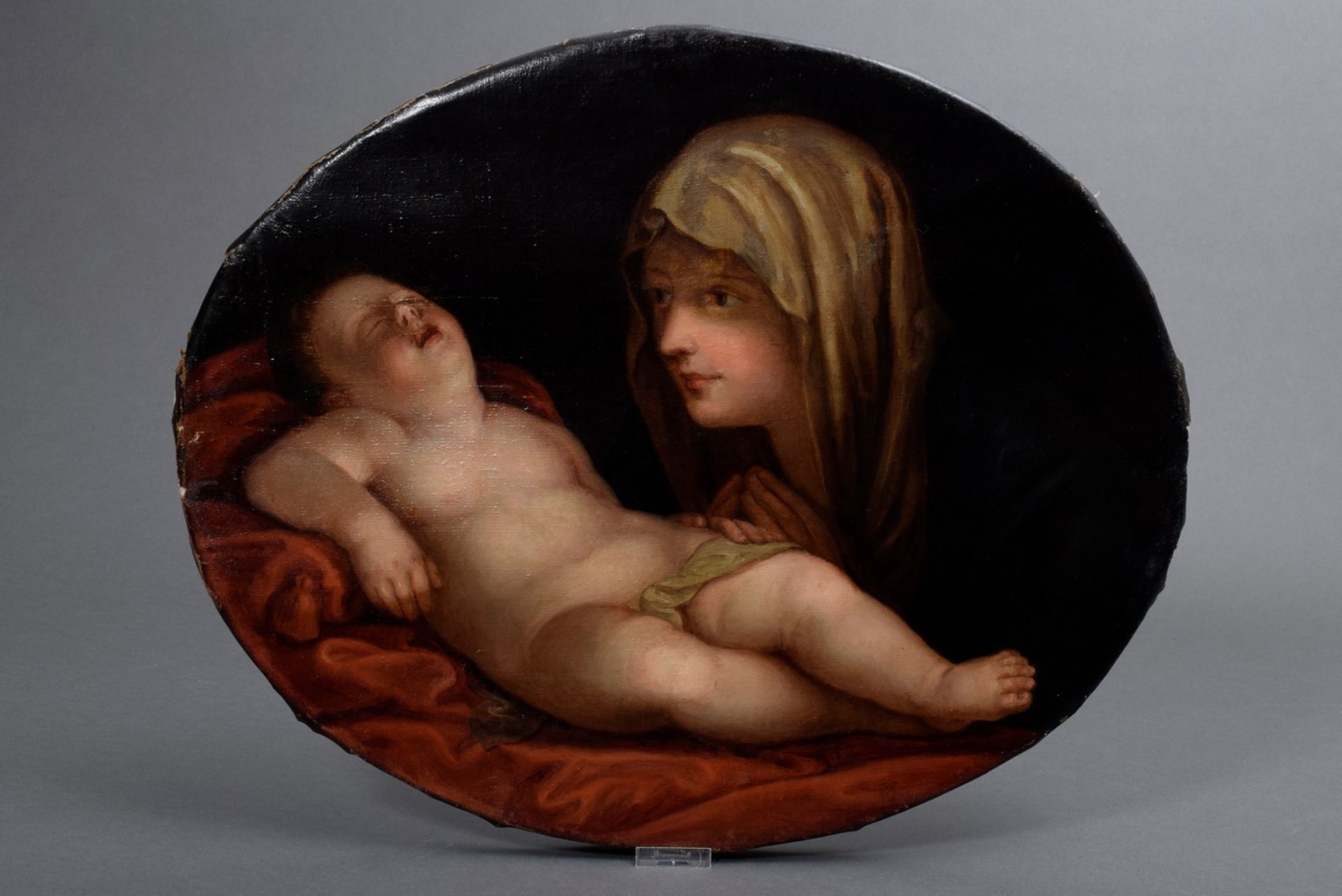 Reni, Guido (1575-1642) Nachfolge "Muttergottes das schlafende Christkind verehrend", Öl/Leinwand, 
