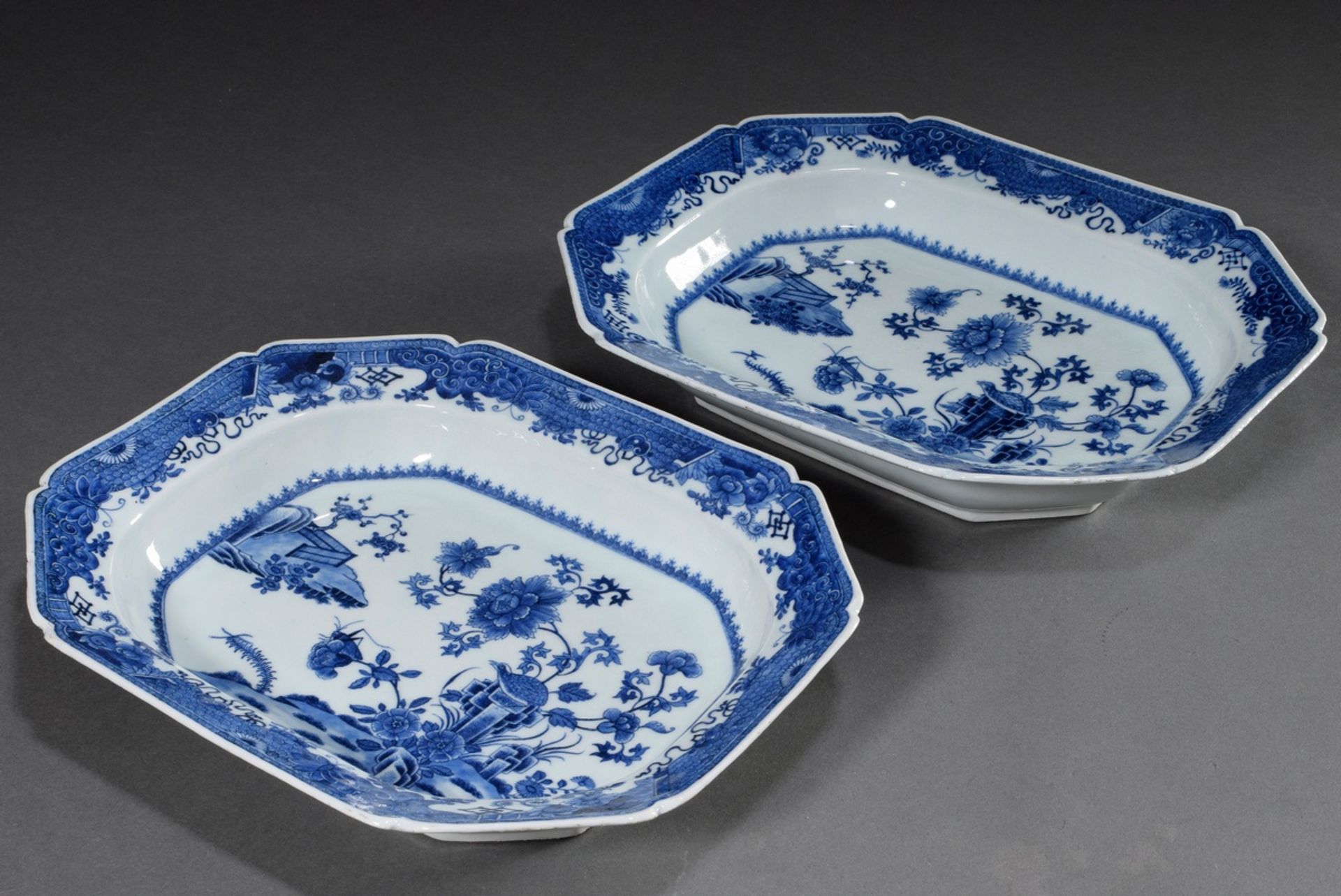 Pair of deeply moulded octagonal plates with fine blue painting decoration "Garden with Partridge a - Image 2 of 5