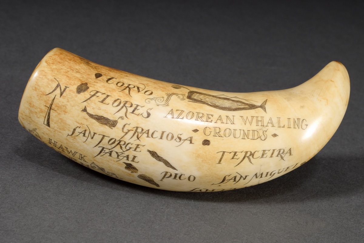 Scrimshaw "Hawk Salem/ Azorean Whaling Grounds", whale tooth with blackened incised decoration "Azo