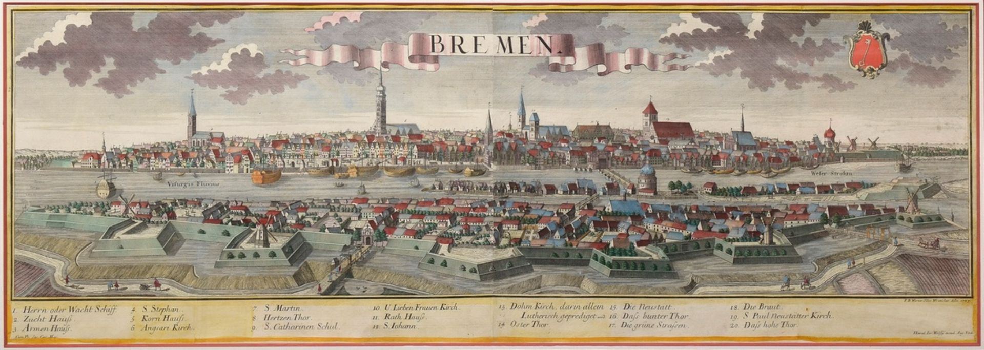 Werner, Friedrich Bernhard (1690-1776) Panorama "Bremen" 1729, colorierter Kupferstich, 35,5x101cm 