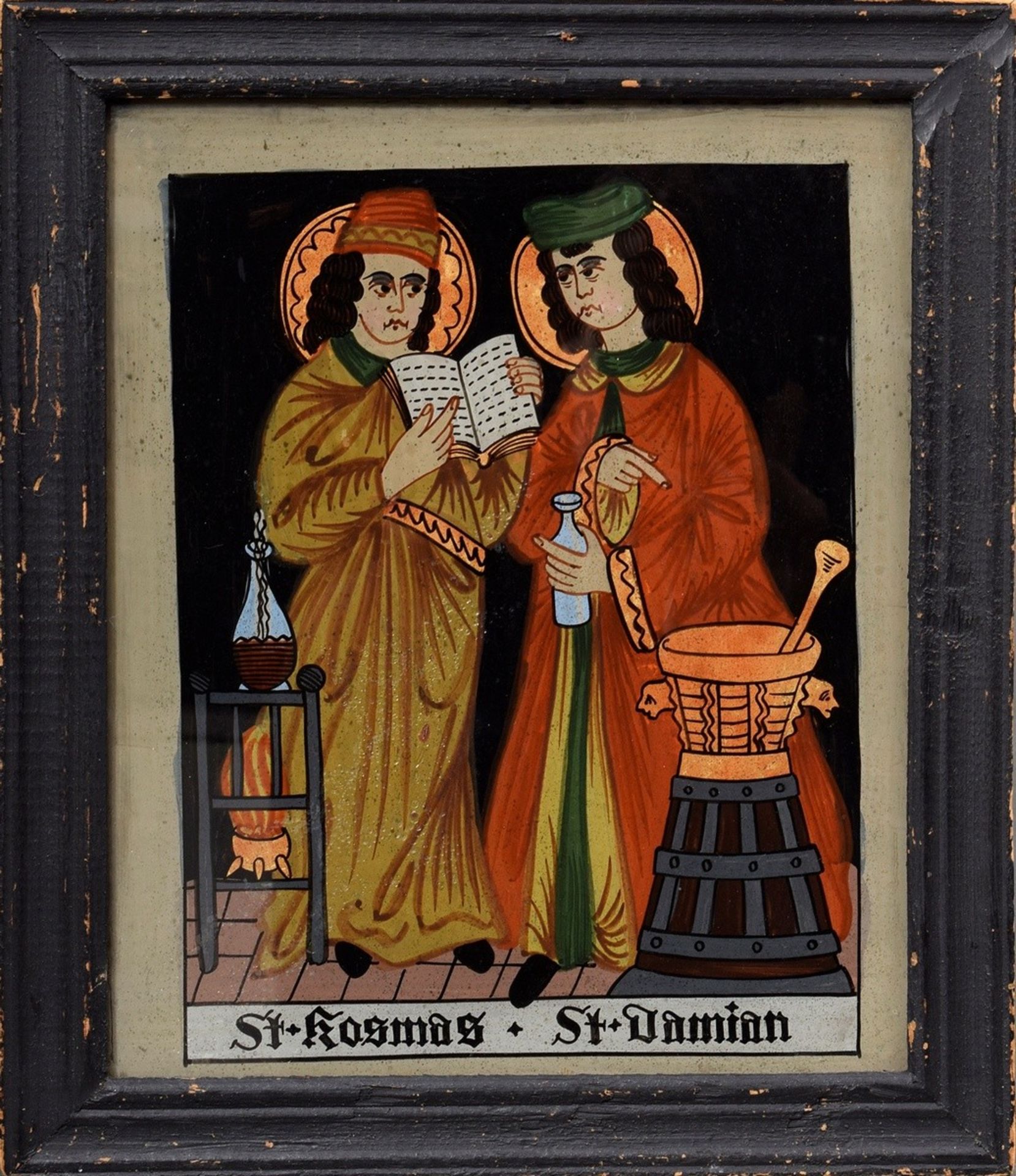 Backglass painting "Saint Cosmas and Damian", end of 19th century, 25x18,5cm (w.f. 33x28cm), small 