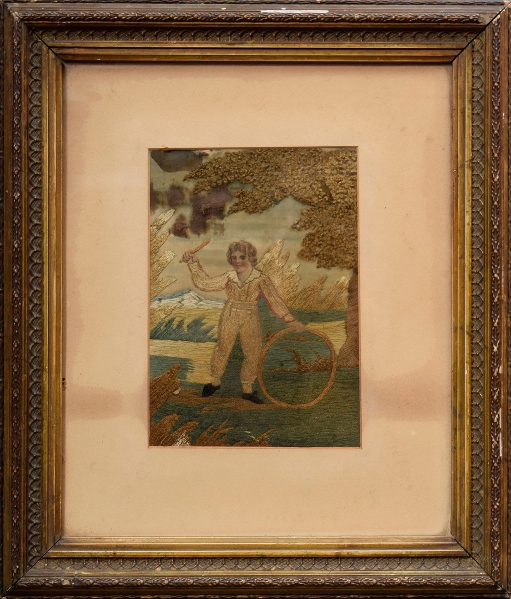 2 Various early Biedermeier embroidery pictures "Little boy with hoop" and "Biblical scene" (Noah), - Image 6 of 8