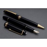 2 Montblanc Schreibgeräte „Meisterstück" schwarz Gold coated: Füllfederhalter mit WG/GG 585 Feder u