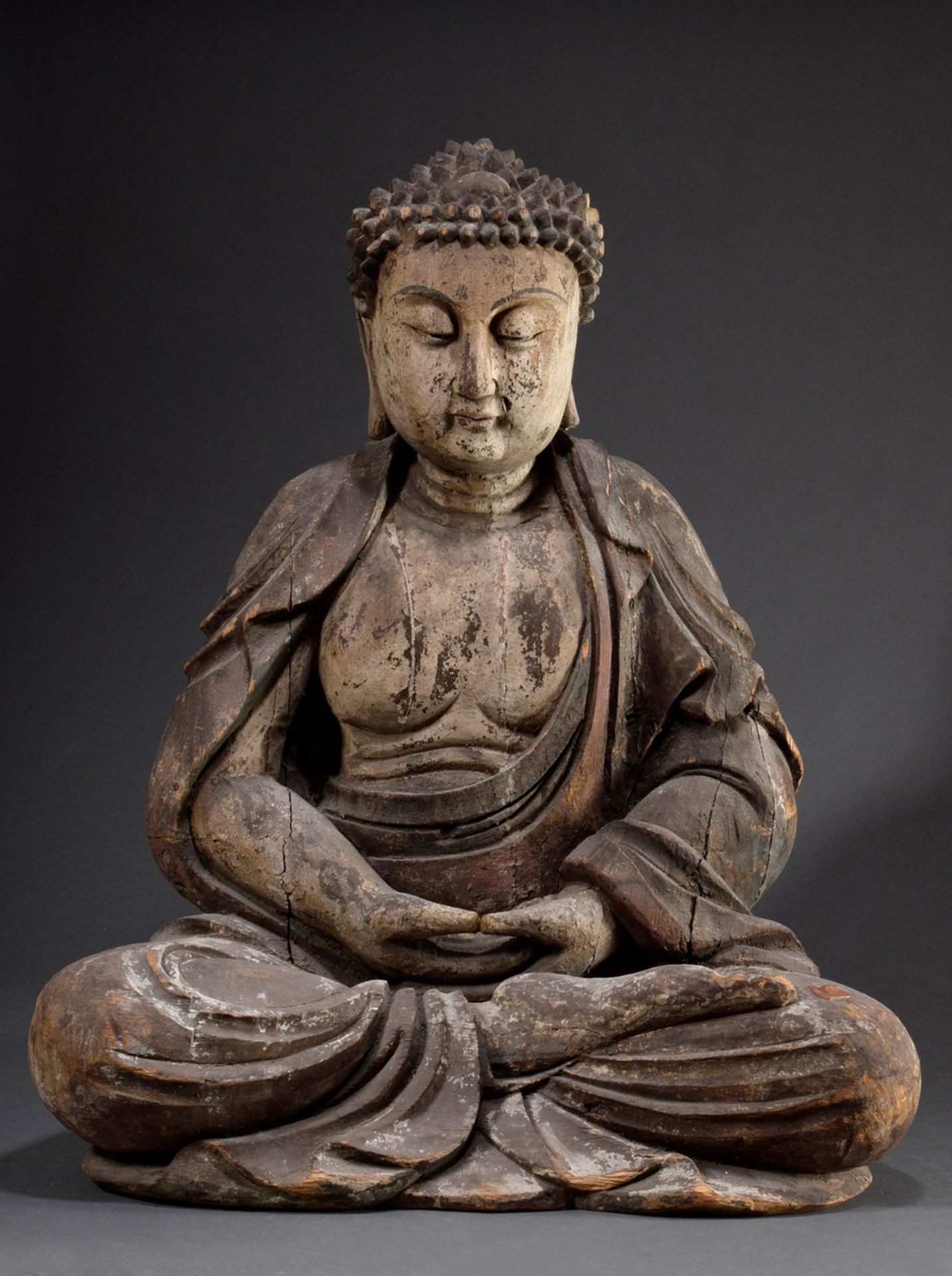 Large Amithaba Medicine Buddha, paulownia wood with remains of old paint, Ming dynasty, old seal re