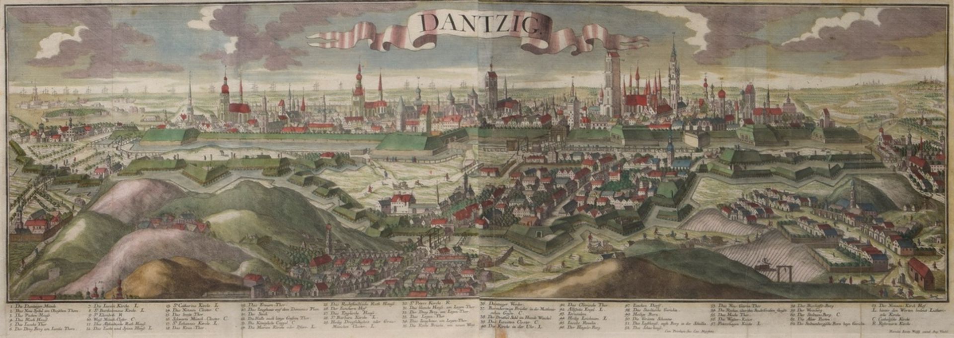 Wolff, Jeremias (1663-1724) "Dantzig" (Danzig) Panorama, colorierter Kupferstich, 35,4x101cm (m.R. 