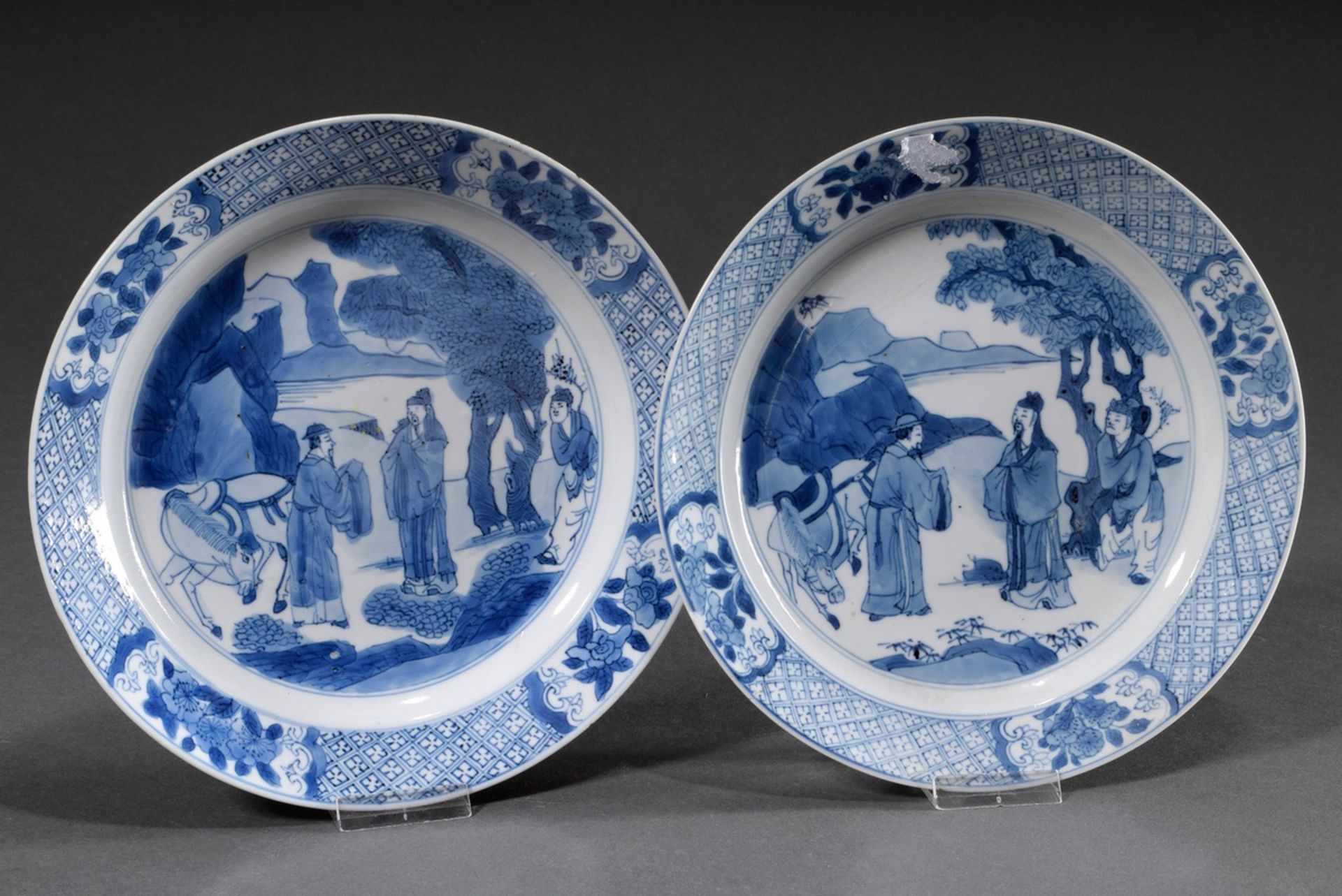 2 plates with blue painting scenes "Daoist sage on the way", 6character Chenghua mark in double rin