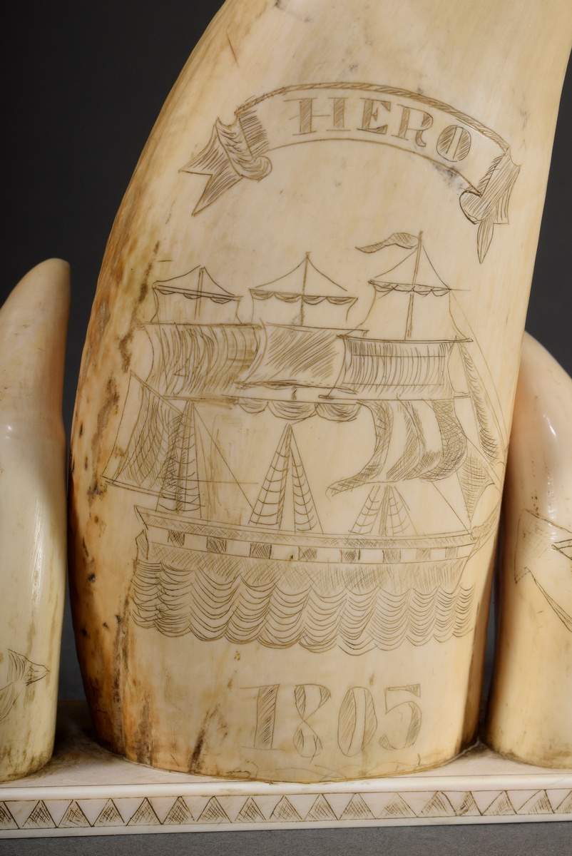 3 Scrimshaws "Hero 1805" mounted on whale tooth plate, whale teeth with blackened incised decoratio - Image 2 of 6
