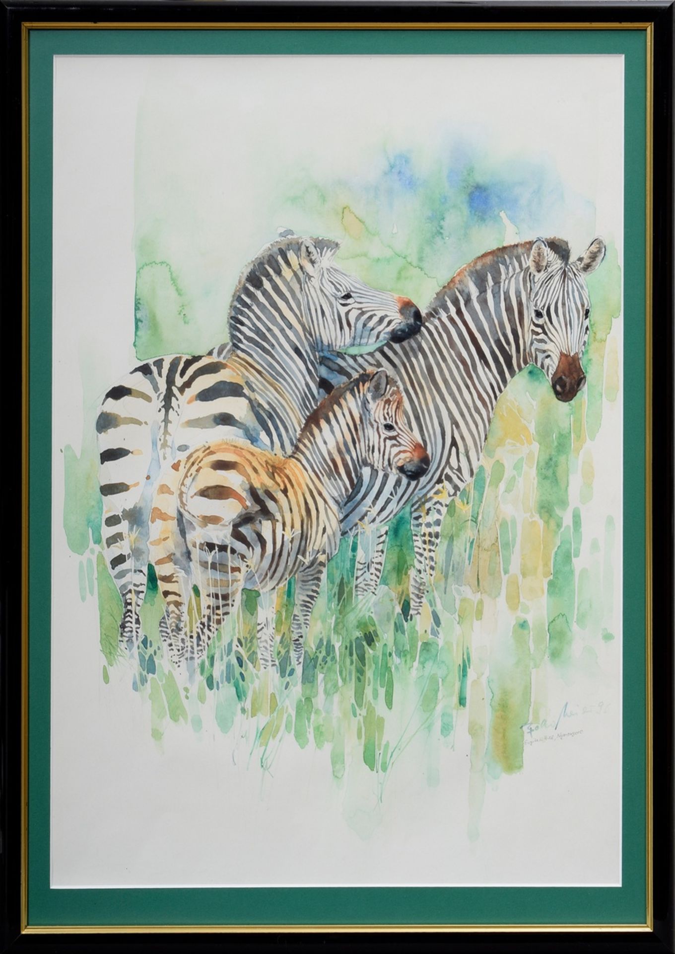 Meier, Bodo (*1949) "Drei Zebras (Engitati Hill, Ngorongoro)" 1996, Bleistift/Aquarell, u.r. sign./