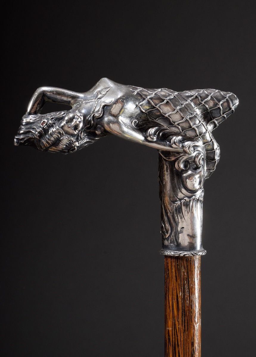 Walking stick with plastic silver handle "Stretching mermaid in a fishing net between waves", palmi