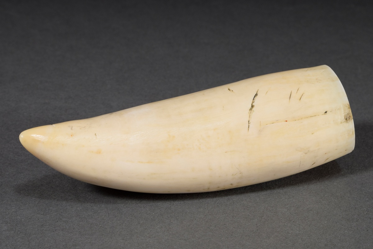 Scrimshaw "Fall Fall over all", whale tooth with blackened incised decoration "Sperm whale hunt", 1 - Image 3 of 7