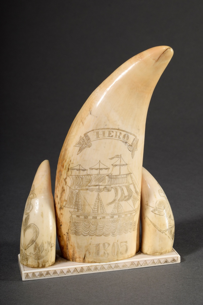3 Scrimshaws "Hero 1805" mounted on whale tooth plate, whale teeth with blackened incised decoratio