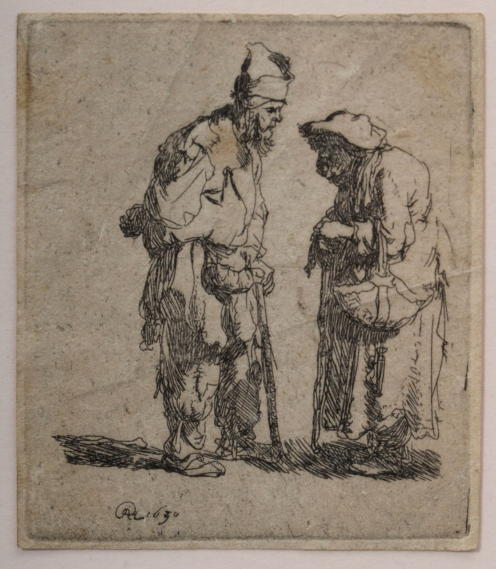 Van Rijn, Rembrandt H. (1606-1669) "Bettler und Bettlerin in Unterhaltung" 1630, Radierung/graues T