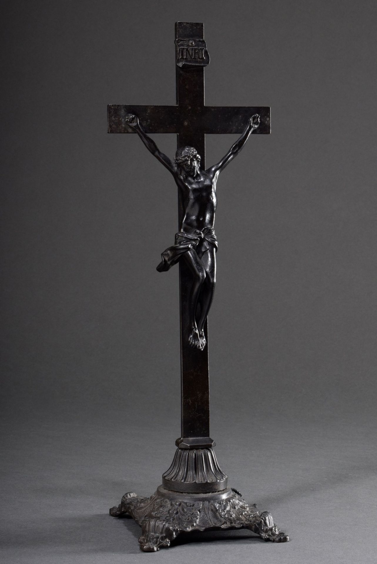 Berlin iron crucifix with "Corpus Christi" (four-nail type) and vegetal designed base, rare design 