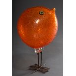 Murano Vogel "Pulcino", farbloses Glas mit oranger Kröselaufschmelzung und Murinnen-Augen, Beine au