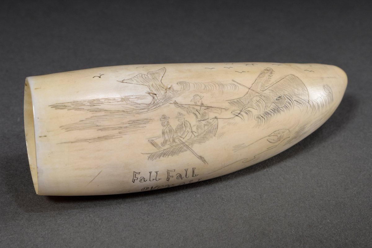 Scrimshaw "Fall Fall over all", whale tooth with blackened incised decoration "Sperm whale hunt", 1 - Image 2 of 7